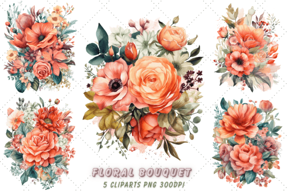 Download Coral Floral Bouquet Watercolor Clipart - Floral bouquet Collection